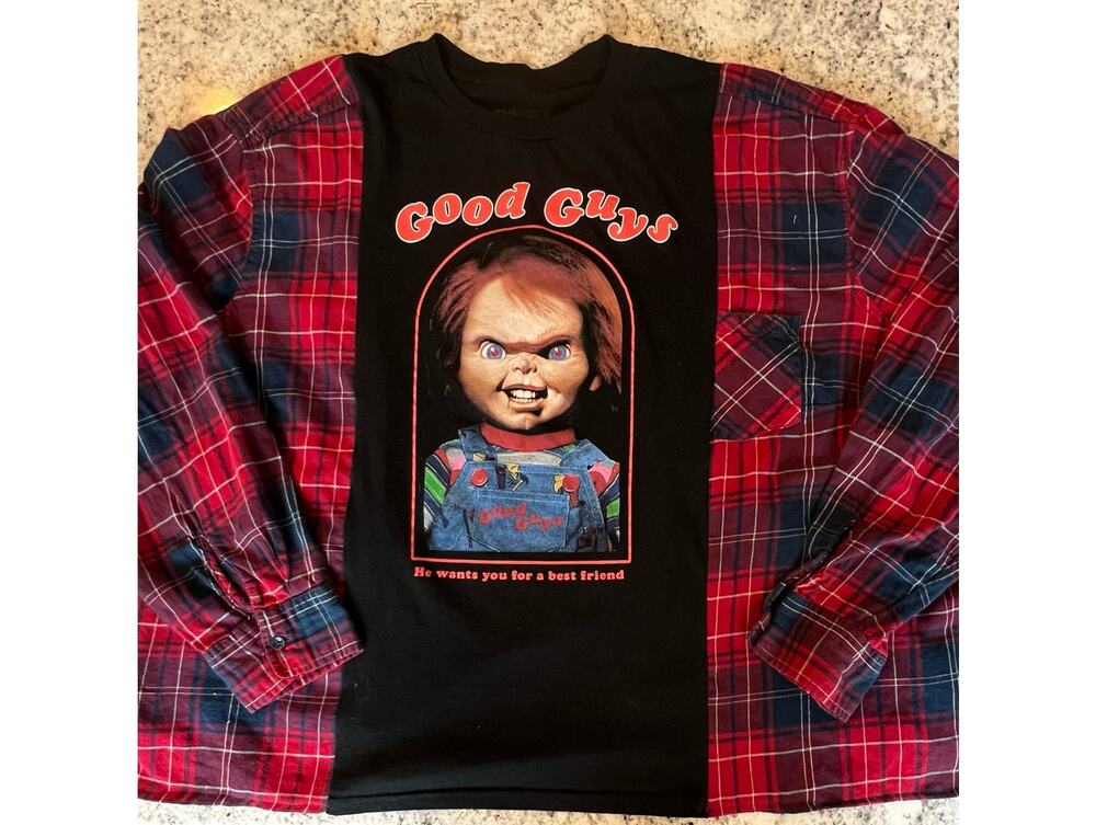Chucky shirt, Flannel and tee reworked, Childs Play movie upcycle XL oversized